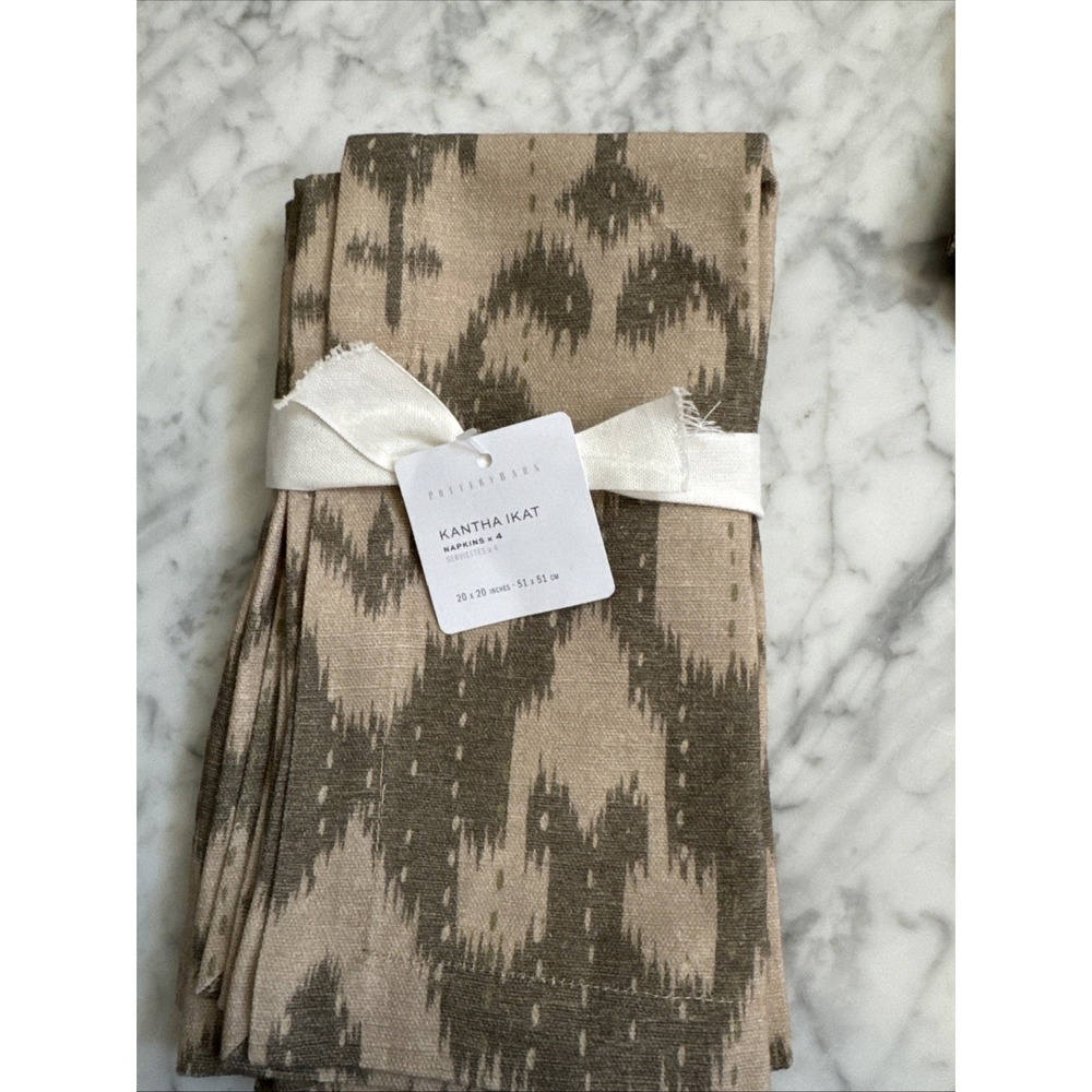 Pottery Barn / Ikat Cotton Kantha Printed Napkins, 20", Set of 4, Green